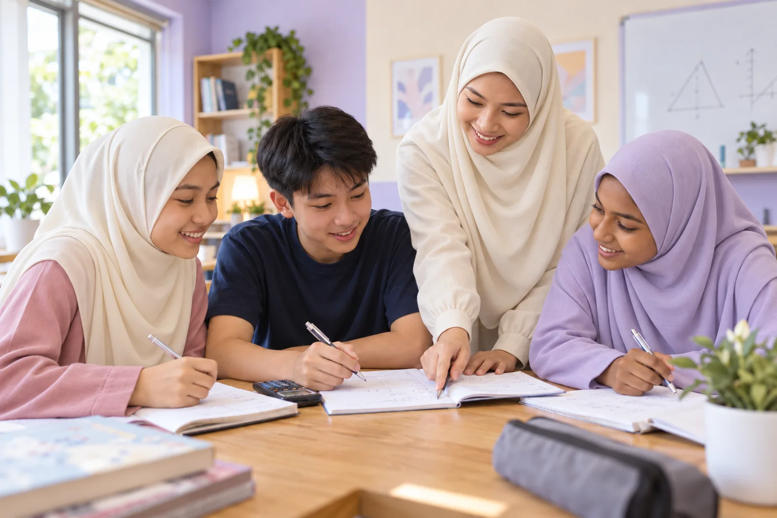 Pelajar pelbagai kaum Malaysia belajar bersama tutor dalam kelas yang ceria
